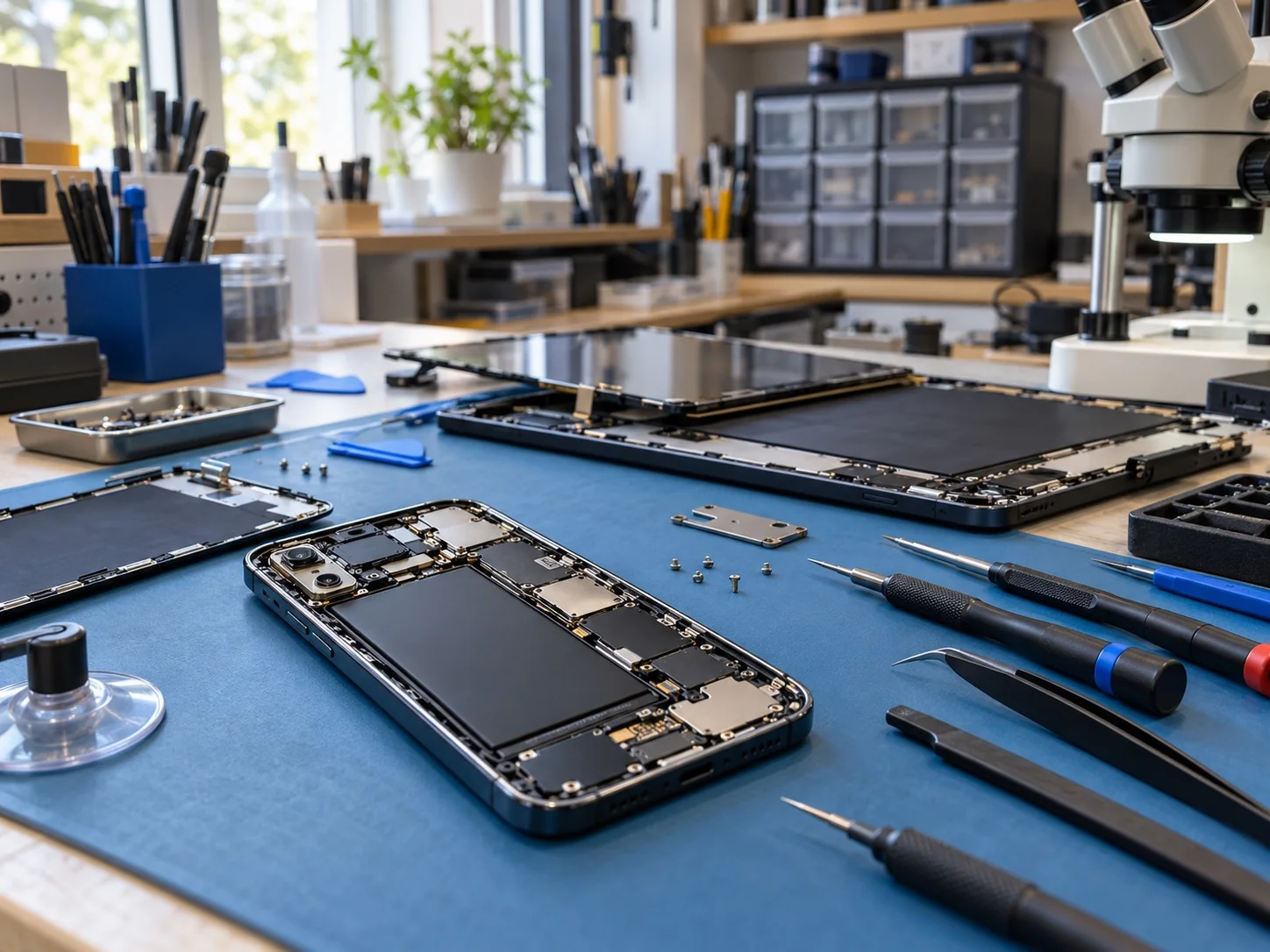 AI-generated illustrative electronics repair workbench, not the actual FixnSave premises